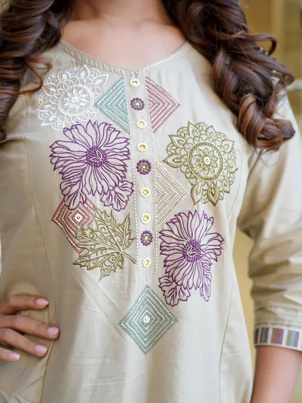 Beige_Cotton_Embroidered_Straight_Kurta_Pant_Set_For_Women
