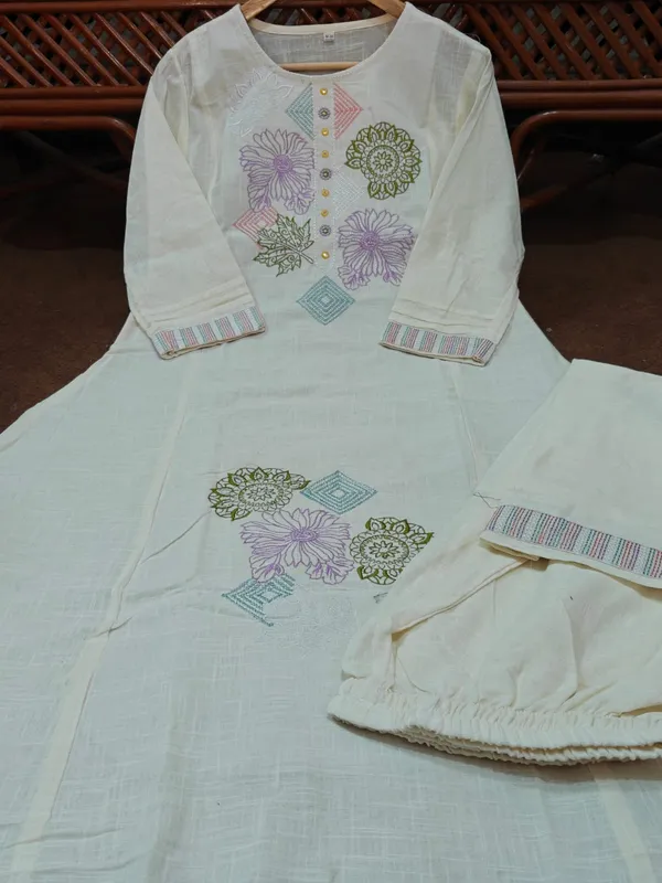 Beige_Cotton_Embroidered_Straight_Kurta_Pant_Set_For_Women