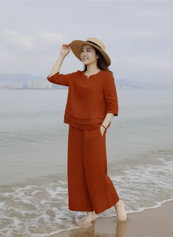 Rust_Cotton_Blend_Relaxed_Fit_Co_Ord_Set_For_Women