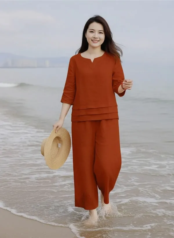 Rust_Cotton_Blend_Relaxed_Fit_Co_Ord_Set_For_Women