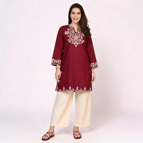 Maroon_Cotton_Embroidered_Straight_Kurti_Plazo_Set_For_Women