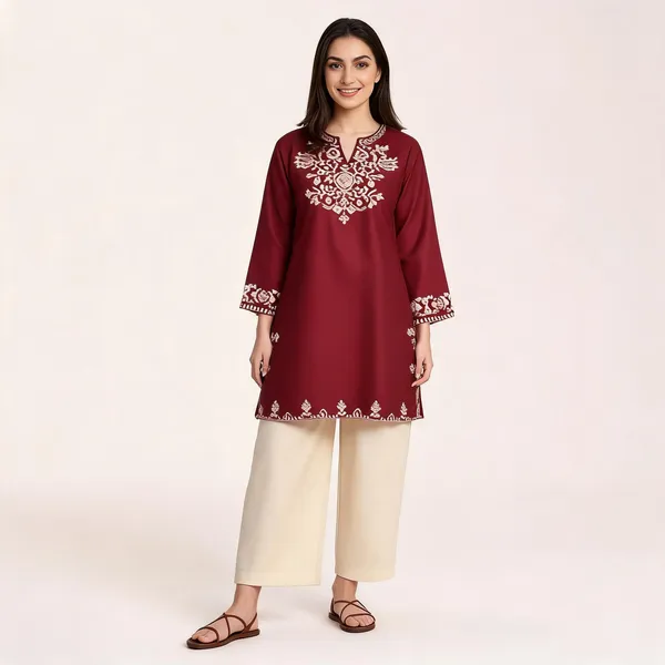 Maroon_Cotton_Embroidered_Straight_Kurti_Plazo_Set_For_Women