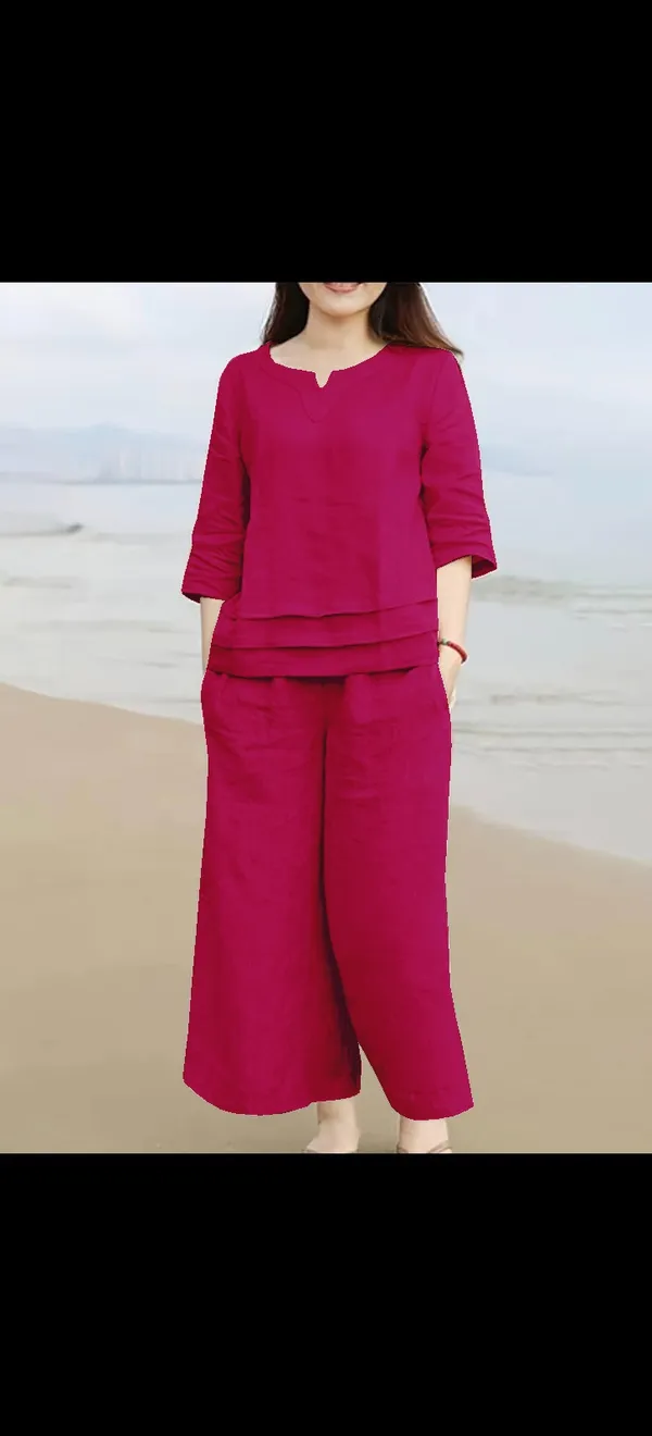 Rani_Pink_Cotton_Slub_Round_Neck_Top_with_Bottom_Co-Ord_Set_For_Women