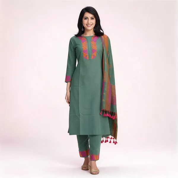 Green_Cotton_Slub_Straight_Kurta_Pant_Set_With_Linen_Woven_Dupatta_For_Women