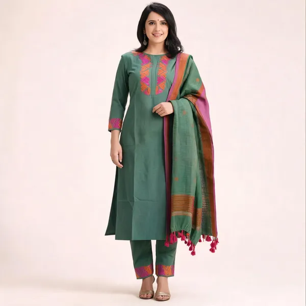 Green_Cotton_Slub_Straight_Kurta_Pant_Set_With_Linen_Woven_Dupatta_For_Women
