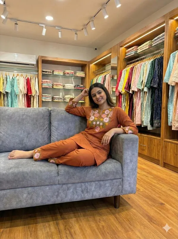 Rust_Cotton_Floral_Embroidered_Straight_Kurta_Pant_Set_For_Women