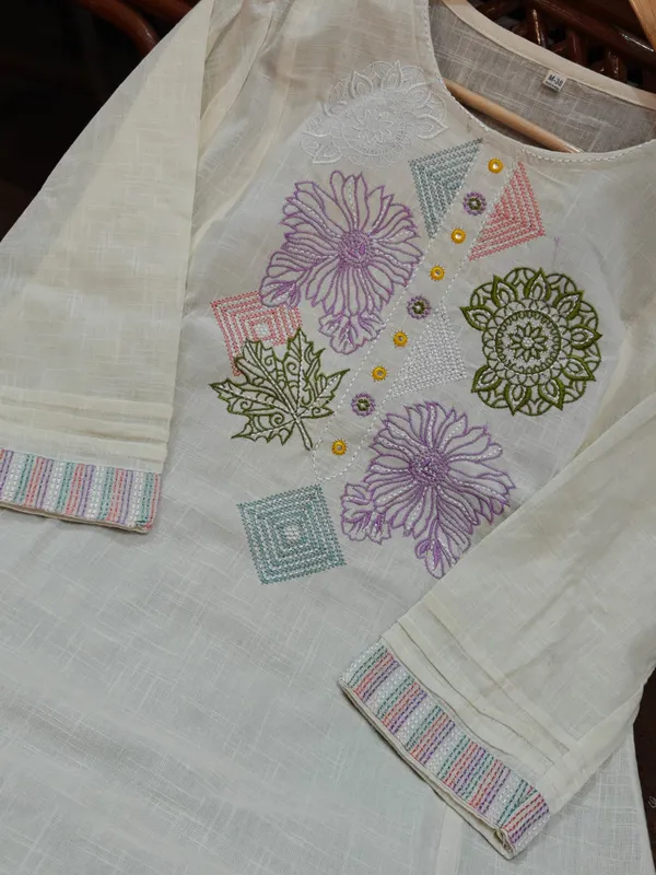 Beige_Cotton_Embroidered_Straight_Kurta_Pant_Set_For_Women