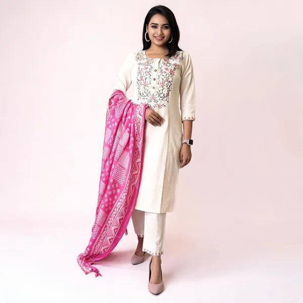 White_Cotton_Flex_Floral_Embroidered_Kurta_Pant_Set_With_Pink_Dupatta_For_Women