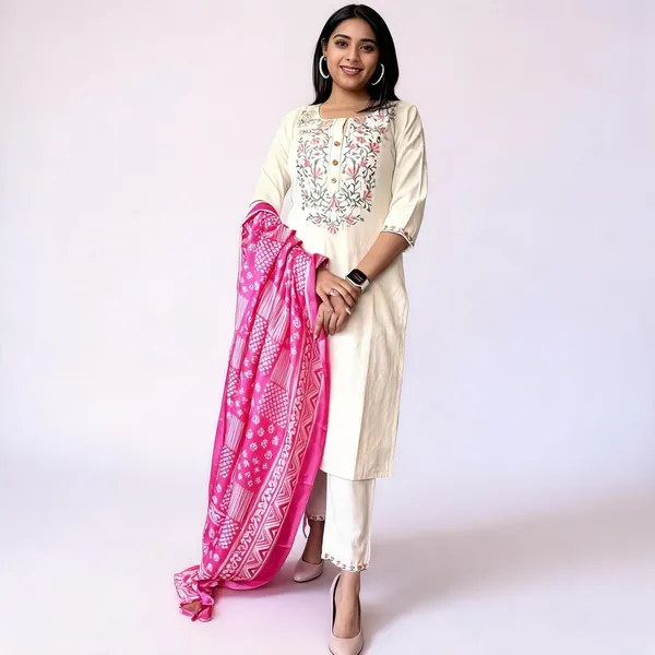 White_Cotton_Flex_Floral_Embroidered_Kurta_Pant_Set_With_Pink_Dupatta_For_Women