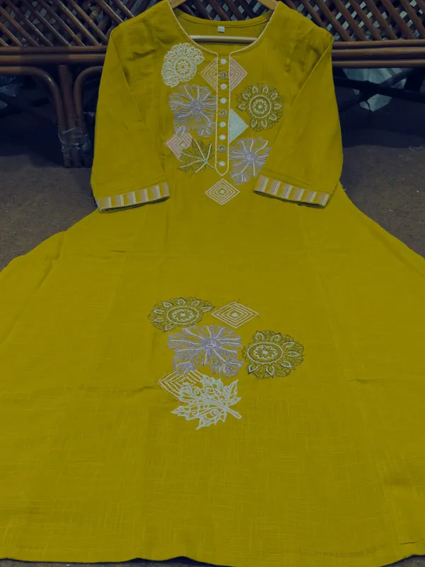 Mustard_Yellow_Cotton_Floral_Embroidered_Anarkali_Kurta_Pant_Set_For_Women