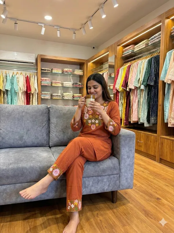 Rust_Cotton_Floral_Embroidered_Straight_Kurta_Pant_Set_For_Women