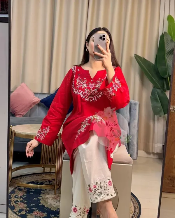 Red_Cotton_Embroidered_Straight_Kurta_Set_With_White_Bottom_For_Women