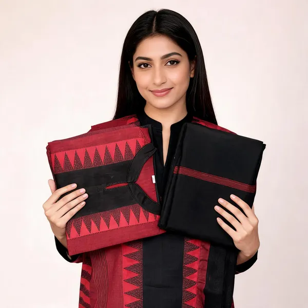 Maroon_Black_Handloom_Cotton_Woven_Fully_stitched_Suits_For_Women