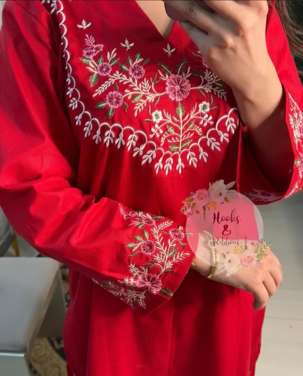 Red_Cotton_Embroidered_Straight_Kurta_Set_With_White_Bottom_For_Women