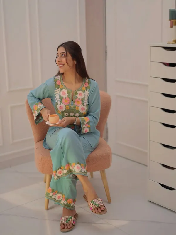 Sky_Blue_Cotton_Floral_Embroidered_Straight_Kurta_Pant_Set_For_Women