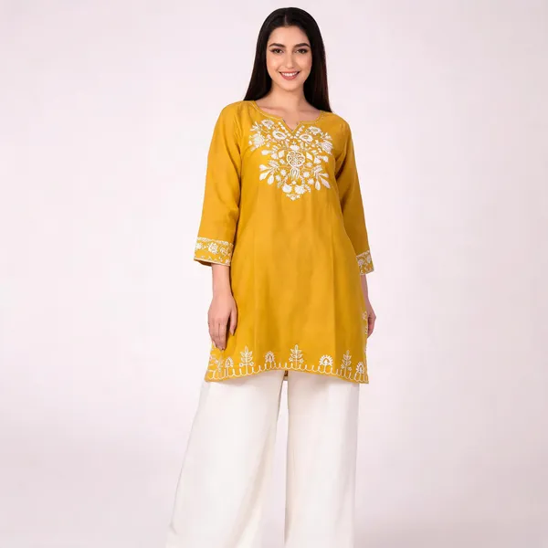 Mustard_Yellow_Cotton_Embroidered_Kurta_Set_With_Palazzo_For_Women