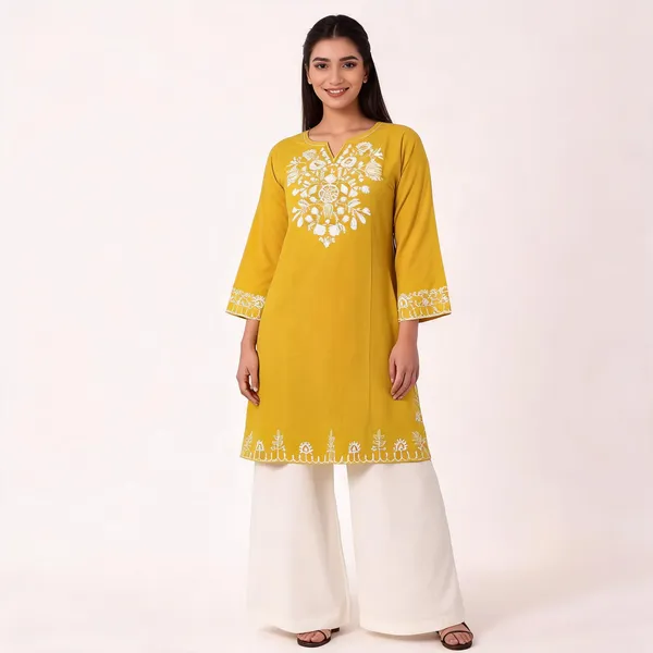 Mustard_Yellow_Cotton_Embroidered_Kurta_Set_With_Palazzo_For_Women