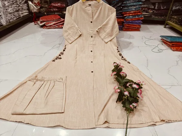Beige_South_Cotton_Embroidered_A_Line_Long_Kurta_Plazo_Set_For_Women