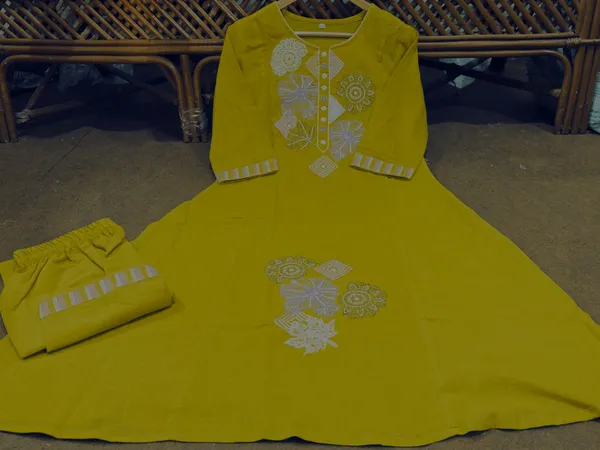 Mustard_Yellow_Cotton_Floral_Embroidered_Anarkali_Kurta_Pant_Set_For_Women