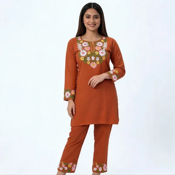 Rust_Cotton_Floral_Embroidered_Straight_Kurta_Pant_Set_For_Women