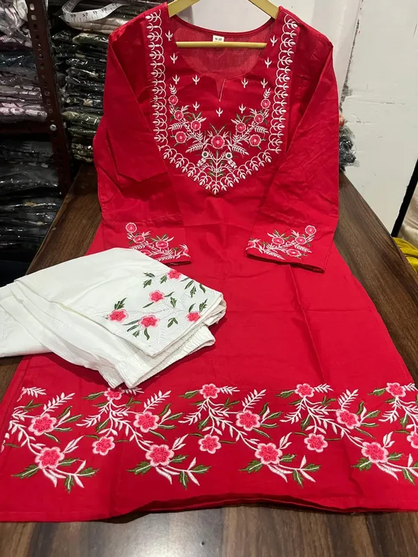 Red_Cotton_Embroidered_Straight_Kurta_Set_With_White_Bottom_For_Women