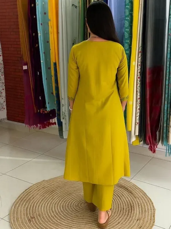 Yellow_Pure_Cotton_Floral_Embroidered_V_Neck_A-Line_Kurta_Pant_For_Women