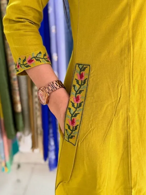 Yellow_Pure_Cotton_Floral_Embroidered_V_Neck_A-Line_Kurta_Pant_For_Women