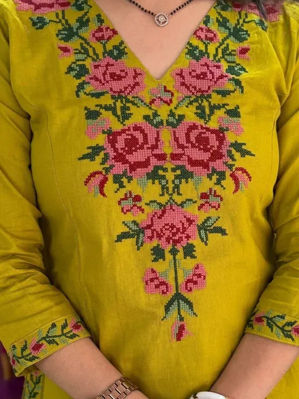Yellow_Pure_Cotton_Floral_Embroidered_V_Neck_A-Line_Kurta_Pant_For_Women