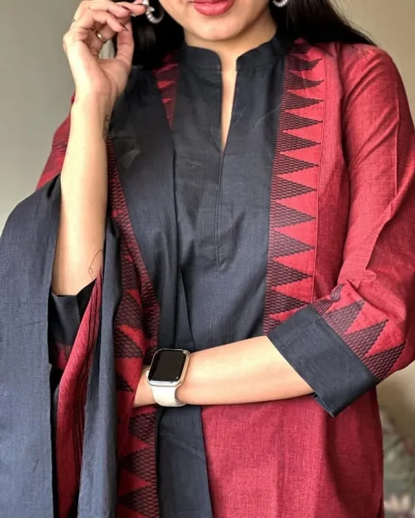 Maroon_Black_Handloom_Cotton_Woven_Fully_stitched_Suits_For_Women