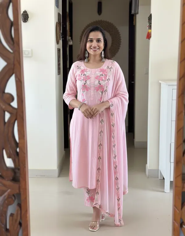 Baby_Pink_Cotton_Slub_Floral_Embroidery_Kurta_Set_With_Nazmin_Dupatta_For_Women