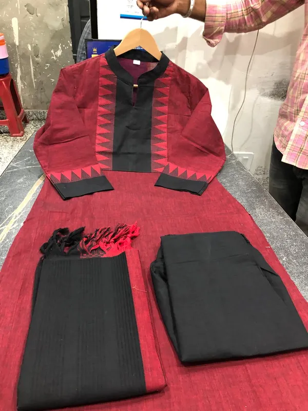 Maroon_Black_Handloom_Cotton_Woven_Fully_stitched_Suits_For_Women