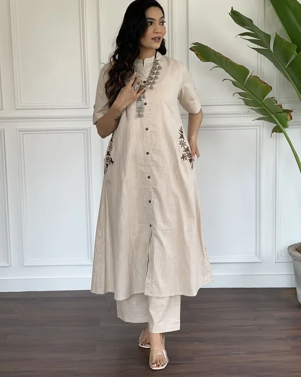 Beige_South_Cotton_Embroidered_A_Line_Long_Kurta_Plazo_Set_For_Women