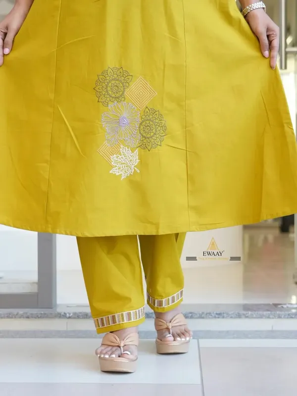 Mustard_Yellow_Cotton_Floral_Embroidered_Anarkali_Kurta_Pant_Set_For_Women