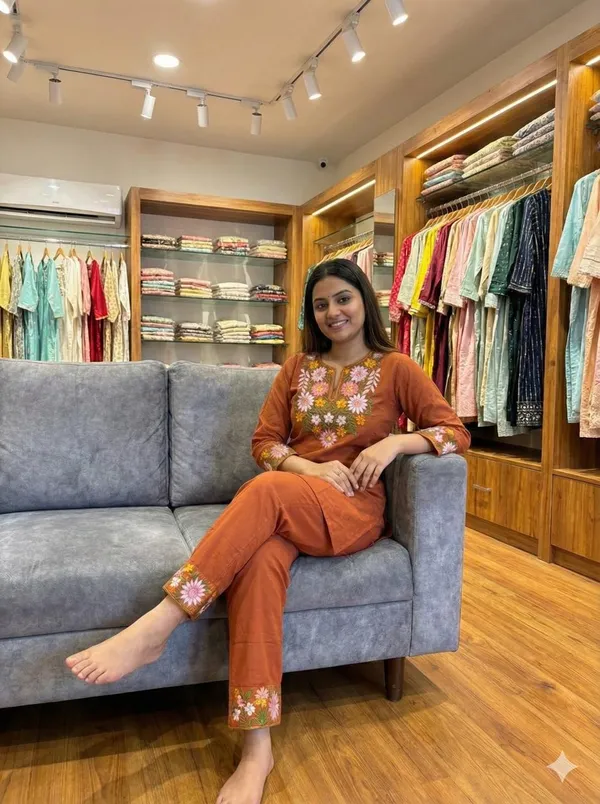 Rust_Cotton_Floral_Embroidered_Straight_Kurta_Pant_Set_For_Women