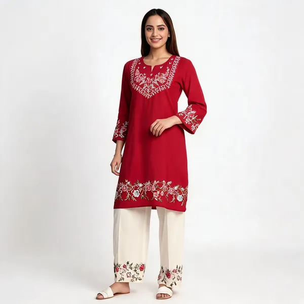Red_Cotton_Embroidered_Straight_Kurta_Set_With_White_Bottom_For_Women