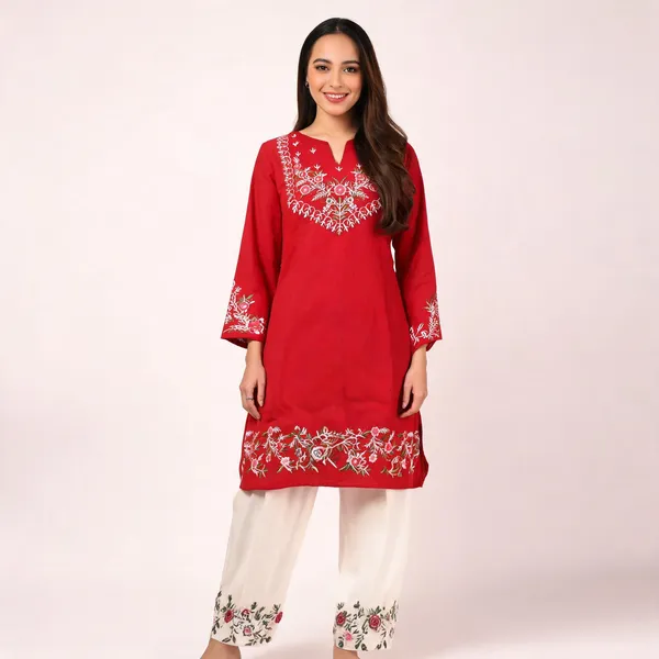 Red_Cotton_Embroidered_Straight_Kurta_Set_With_White_Bottom_For_Women