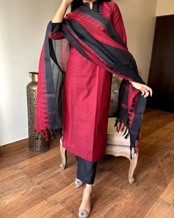 Maroon_Black_Handloom_Cotton_Woven_Fully_stitched_Suits_For_Women
