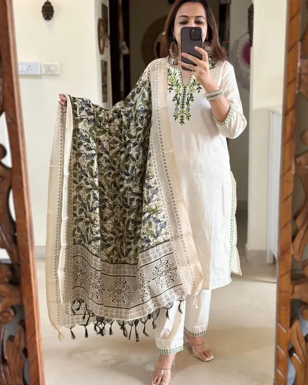 Off_White_Cotton_Flex_Floral_Embroidery_Kurta_Pant_Set_With_Dupatta_For_Women