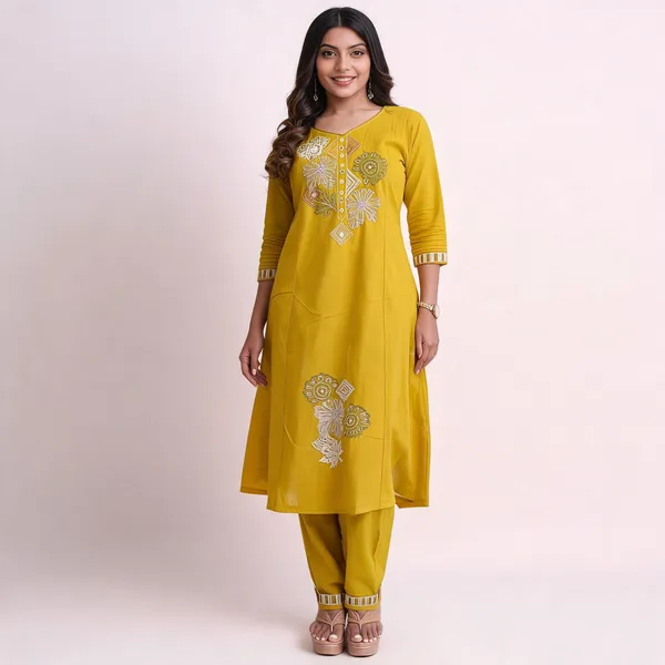 Mustard_Yellow_Cotton_Floral_Embroidered_Anarkali_Kurta_Pant_Set_For_Women