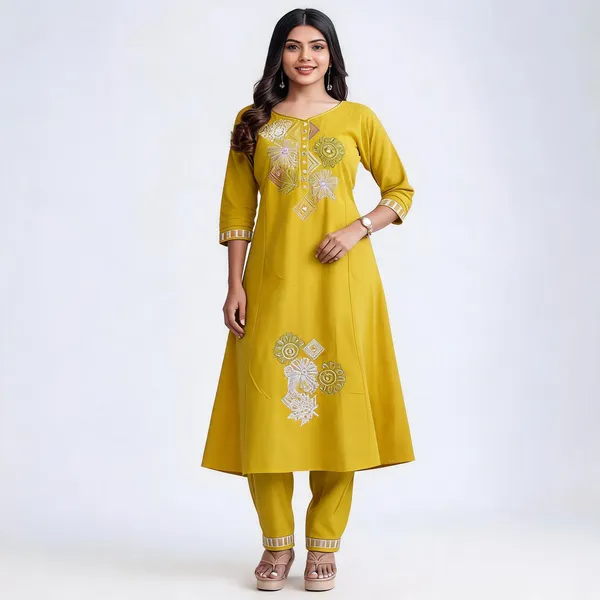Mustard_Yellow_Cotton_Floral_Embroidered_Anarkali_Kurta_Pant_Set_For_Women
