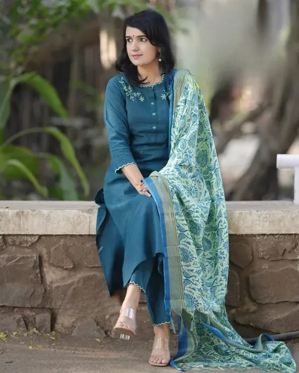 Teal_Blue_Cotton_Slub_Kurta_Pant_Set_With_Khadi_Silk_Digitel_Printed_Dupatta_For_Women
