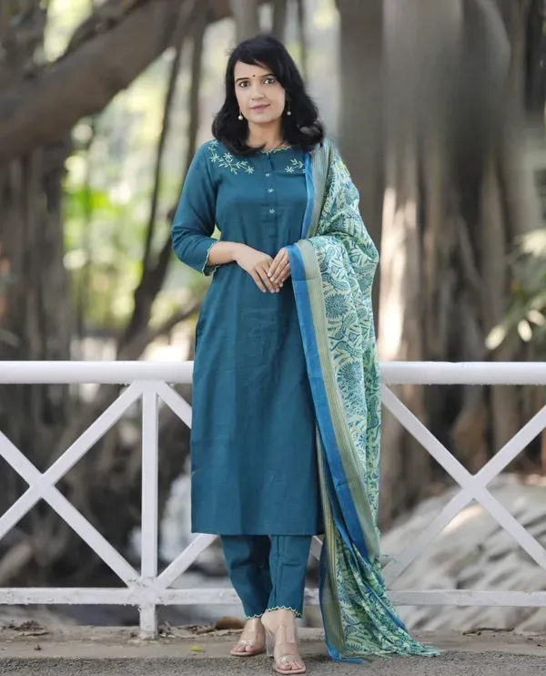 Teal_Blue_Cotton_Slub_Kurta_Pant_Set_With_Khadi_Silk_Digitel_Printed_Dupatta_For_Women
