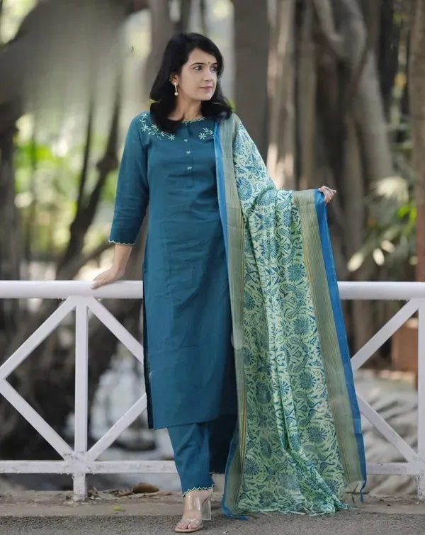 Teal_Blue_Cotton_Slub_Kurta_Pant_Set_With_Khadi_Silk_Digitel_Printed_Dupatta_For_Women