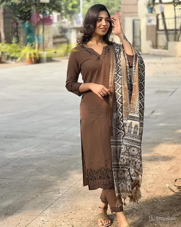 Brown_Cotton_slub_Regular_Fit_Kurta_Pant_With_Dupatta_Set_For_Women