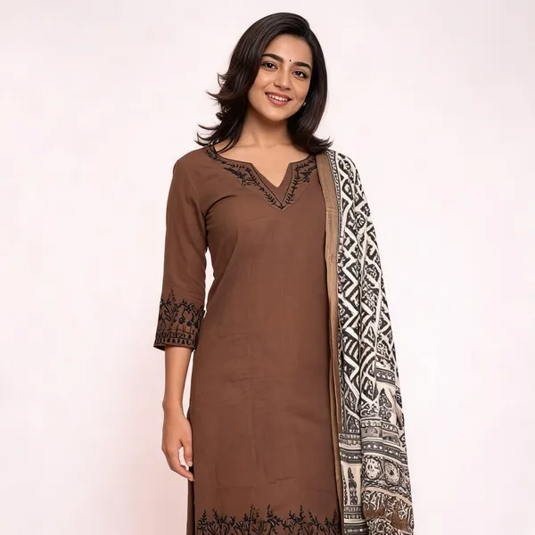 Brown_Cotton_Slub_Embroidered_Straight_Kurta_Pant_Set_With_Kalamkari_Dupatta_For_Women