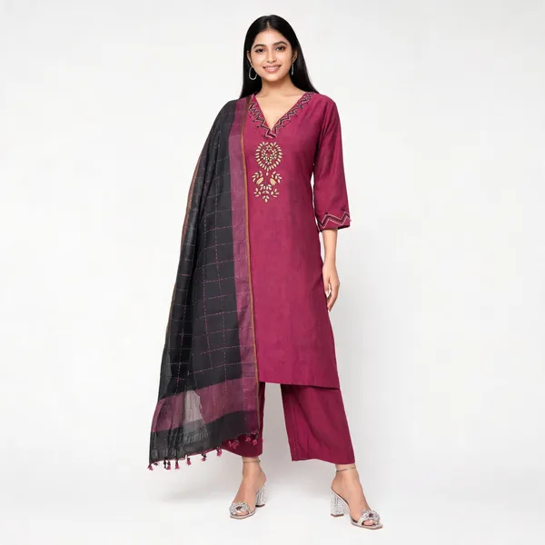 Magenta_South_Cotton_Embroidered_Flared_Kurta_Pant_Set_With_Dupatta_For_Women