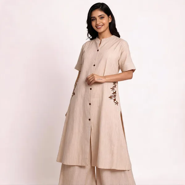 Beige_South_Cotton_Embroidered_A_Line_Long_Kurta_Plazo_Set_For_Women
