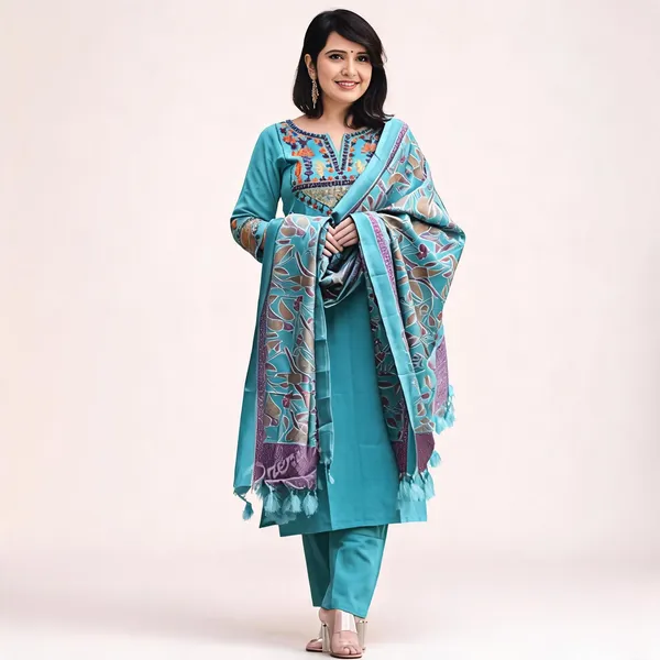 Aqua_Blue_Cotton_Slub_Floral_Embriodery_Kurta_Pant_Set_With_Khadi_slik_digitel_print_Dupatta_For_Women
