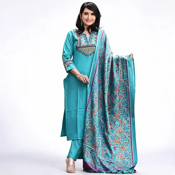 Aqua_Blue_Cotton_Slub_Floral_Embriodery_Kurta_Pant_Set_With_Khadi_slik_digitel_print_Dupatta_For_Women