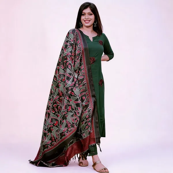 Bottel_Green_Cotton_Slub_Floral_Embriodery_Kurta_Set_With_Khadi_Silk_Digitel_Print_Dupatta_For_Women